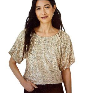 Ann Taylor NWT Gold Sequin Raglan Sleeve Blouse Size S